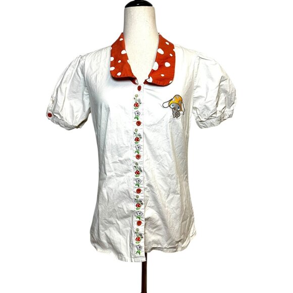 Hot Topic Cinnamoroll Mushroom Button-Up Shirt | Sanrio Puff Sleeve Cottagecore - Picture 3 of 7